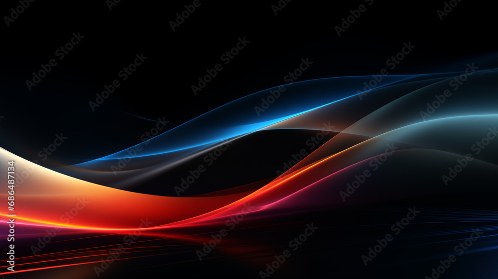 stromlinenförmige verlaufende abstrakte Licht Wellen in den Farben blau, cyan, rot und orange auf schwarzem Hintergrund. Querformat 16:9. Generative Ai - obrazy, fototapety, plakaty 