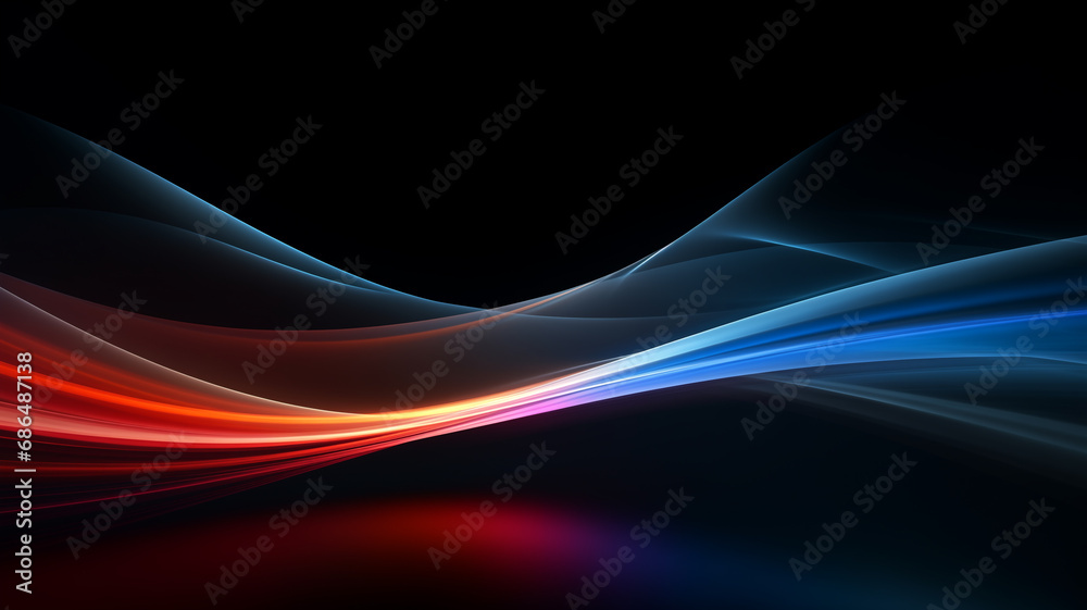 Fototapeta premium stromlinenförmige verlaufende abstrakte Licht Wellen in den Farben blau, cyan, rot und orange auf schwarzem Hintergrund. Querformat 16:9. Generative Ai