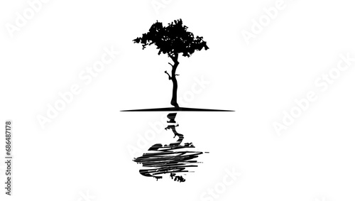 tree on an island in the water shadow, black isolated silhouette