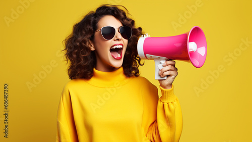 Woman holding a megaphone on vibrant background