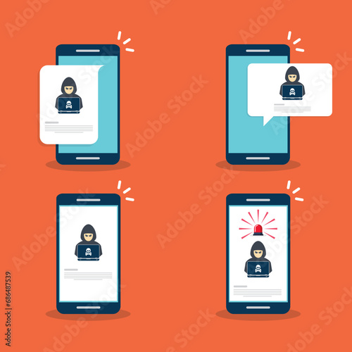 Hacker, malware notification on mobile phone. Smartphone with hacker alert, spam data on cellphone fraud error message, scam, virus.	
