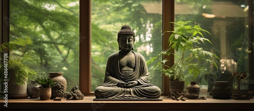 Buddha sculpture in window display © Vusal