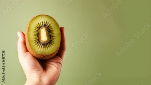 Hand holding kiwi fruit isolated on pastel background