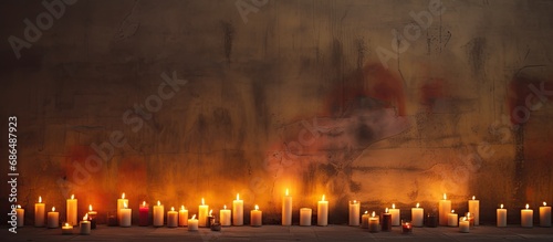 Candles of various sizes burning near a wall, captured in a photo.