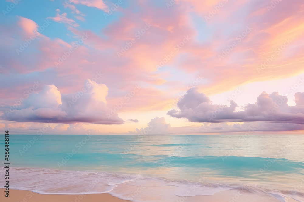 Beautiful beach scene with teal water and pink clouds