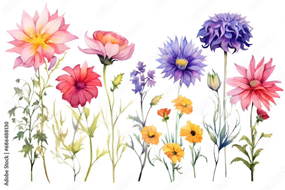 Flowers set with colorful wildflower. Dahlia, lily, poppy and cornflower, watercolor floral isolated on white background. generative ai. Flowers set with colorful wildflower. Dahlia, lily, poppy and cornflower, watercolor floral isolated on white background. generative ai.