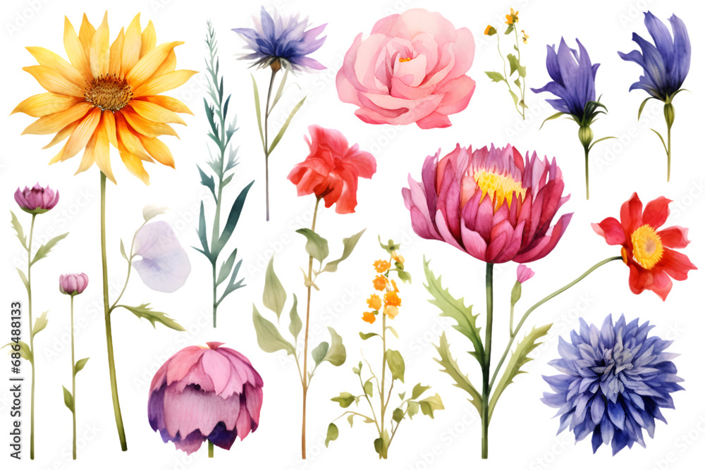 Flowers set with colorful wildflower. Dahlia, lily, poppy and cornflower, watercolor floral isolated on white background. generative ai. - obrazy, fototapety, plakaty 