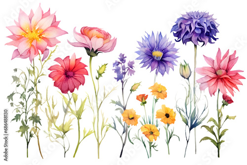 Flowers set with colorful wildflower. Dahlia, lily, poppy and cornflower, watercolor floral isolated on white background. generative ai.