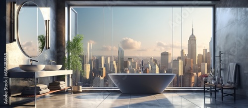 a light filled room with glass box containing sinks and shower side view ladder on concrete floor and panoramic window overlooking skyscrapers