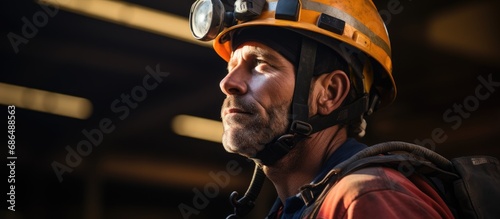A miner in safety gear prepares for work at a construction site in Perth, Australia, using rope access and warming up. © 2rogan
