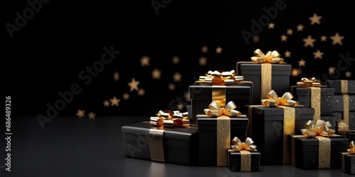 Golden elegance. Shimmering christmas gifts with luxurious ribbons and ornaments. Festive surprises. Magical collection of shiny presents for holiday season