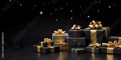 Golden elegance. Shimmering christmas gifts with luxurious ribbons and ornaments. Festive surprises. Magical collection of shiny presents for holiday season