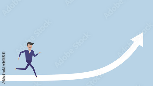 上昇する矢印の上を笑顔で走るビジネスマン