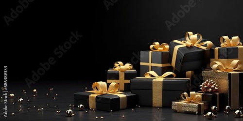 Golden elegance. Shimmering christmas gifts with luxurious ribbons and ornaments. Festive surprises. Magical collection of shiny presents for holiday season