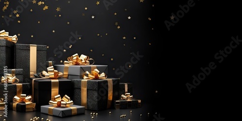 Golden elegance. Shimmering christmas gifts with luxurious ribbons and ornaments. Festive surprises. Magical collection of shiny presents for holiday season
