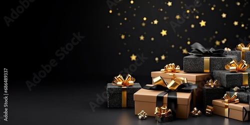 Golden elegance. Shimmering christmas gifts with luxurious ribbons and ornaments. Festive surprises. Magical collection of shiny presents for holiday season