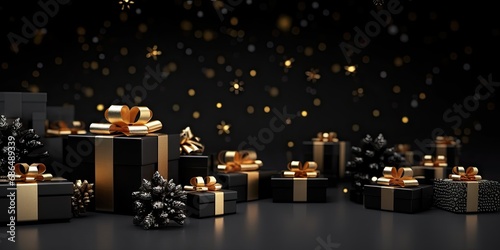 Golden elegance. Shimmering christmas gifts with luxurious ribbons and ornaments. Festive surprises. Magical collection of shiny presents for holiday season