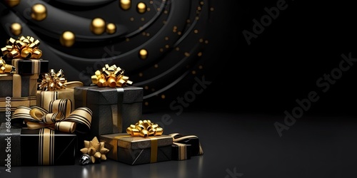 Golden elegance. Shimmering christmas gifts with luxurious ribbons and ornaments. Festive surprises. Magical collection of shiny presents for holiday season