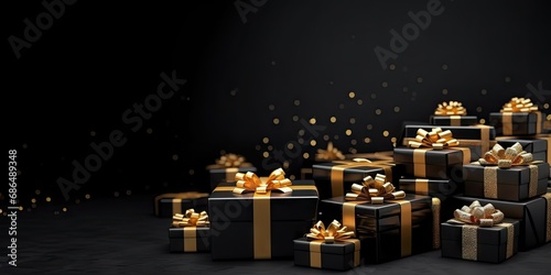Golden elegance. Shimmering christmas gifts with luxurious ribbons and ornaments. Festive surprises. Magical collection of shiny presents for holiday season