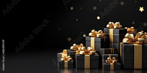 Golden elegance. Shimmering christmas gifts with luxurious ribbons and ornaments. Festive surprises. Magical collection of shiny presents for holiday season