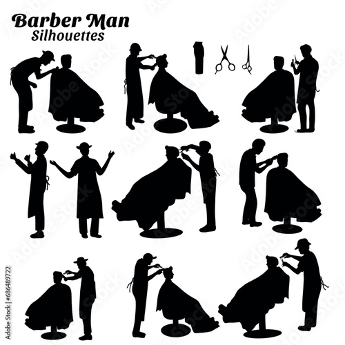 Collection of illustrations of silhouettes of barber man