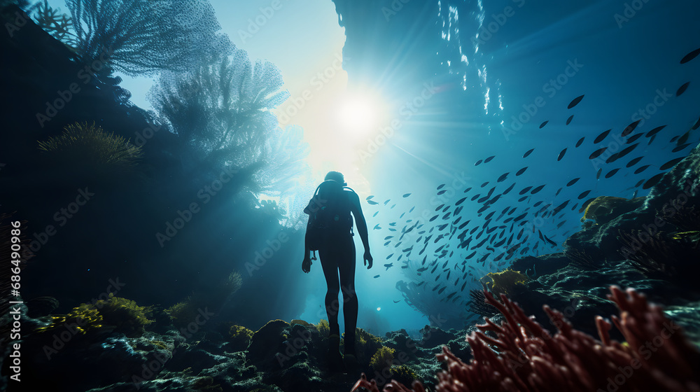 underwater scene with reef and scuba diver underwater scene with reef and scuba diver