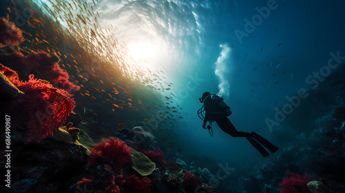 underwater scene with reef and scuba diver 