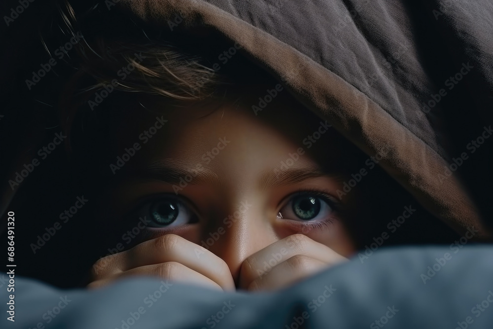 Young boy concealing his face with blanket. Suitable for concepts of shyness, fear, or hiding emotions. Can be used in children's books or articles discussing emotions and coping mechanisms