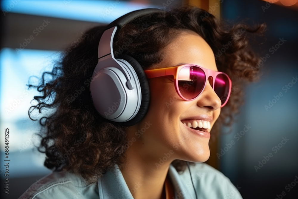 Woman wearing sunglasses and headphones, smiling. Suitable for lifestyle, music, and fashion themes Woman wearing sunglasses and headphones, smiling. Suitable for lifestyle, music, and fashion themes
