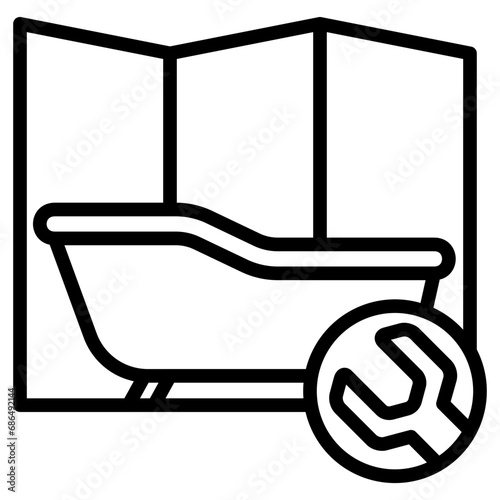 Bathtub Installation black outline icon, related to plumbing service.