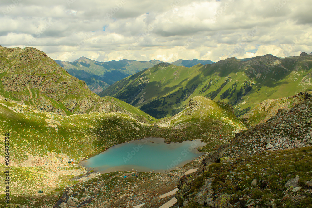 Panoramic aerial view of Small Sophia lakes, Arkhyz, Caucasus, Russia. Panoramic aerial view of Small Sophia lakes, Arkhyz, Caucasus, Russia.
