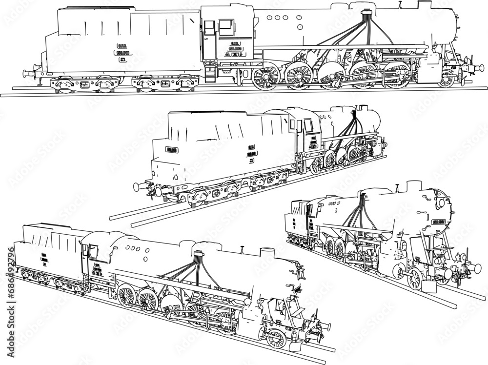 Vector sketch illustration of vintage classic old steam iron locomotive train design