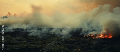 Controlled vegetation burning and smoke.