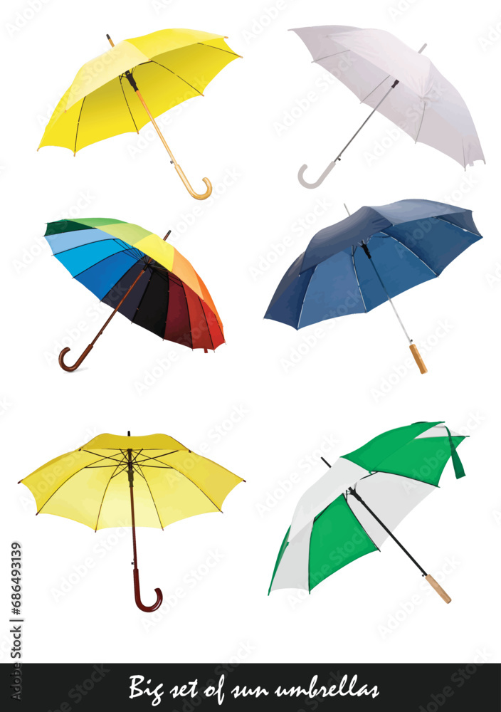Big set of sun umbrellas.  Vector 3d color illustration. Hand drawn illustration