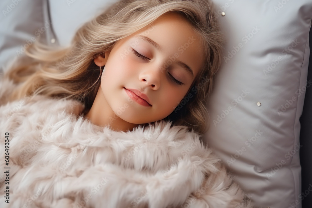 Blonde little girl sleeping well on white pillow in bed Blonde little girl sleeping well on white pillow in bed