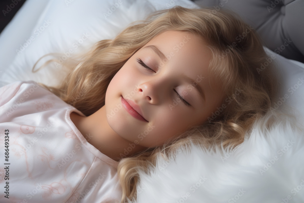 Blonde little girl sleeping well on white pillow in bed Blonde little girl sleeping well on white pillow in bed
