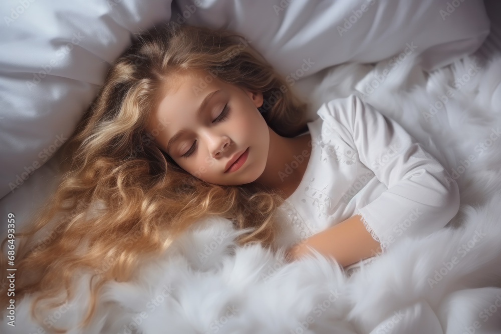Blonde little girl sleeping well on white pillow in bed