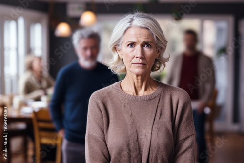 Senior blonde woman feeling sad and disappointed, her husband is behind