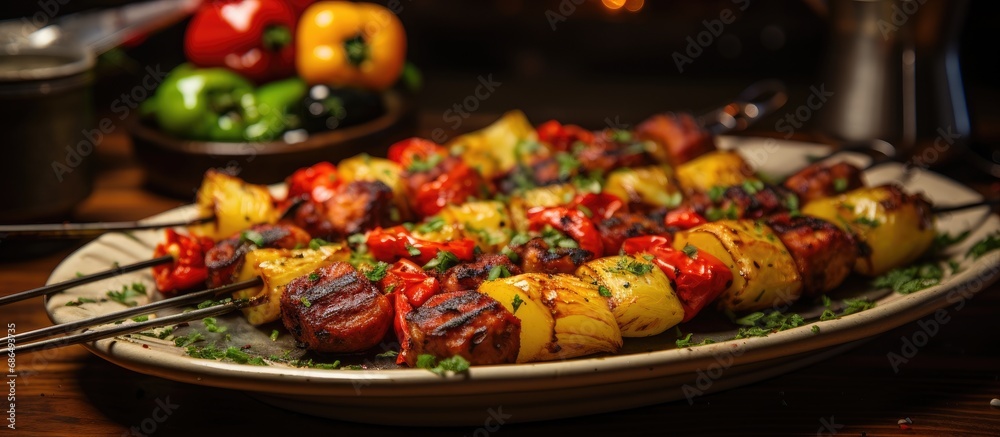 Grilled skewers with potato gnocchi, peppers, and chorizo. Grilled skewers with potato gnocchi, peppers, and chorizo.