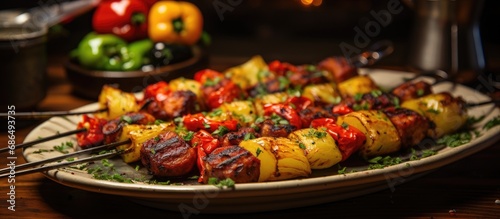 Grilled skewers with potato gnocchi  peppers  and chorizo.
