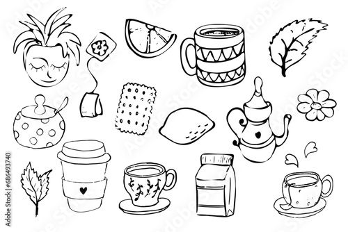 Set tea and coffee with cups, mint, chamomile, lemon and milk in doodle style isolated on white background.