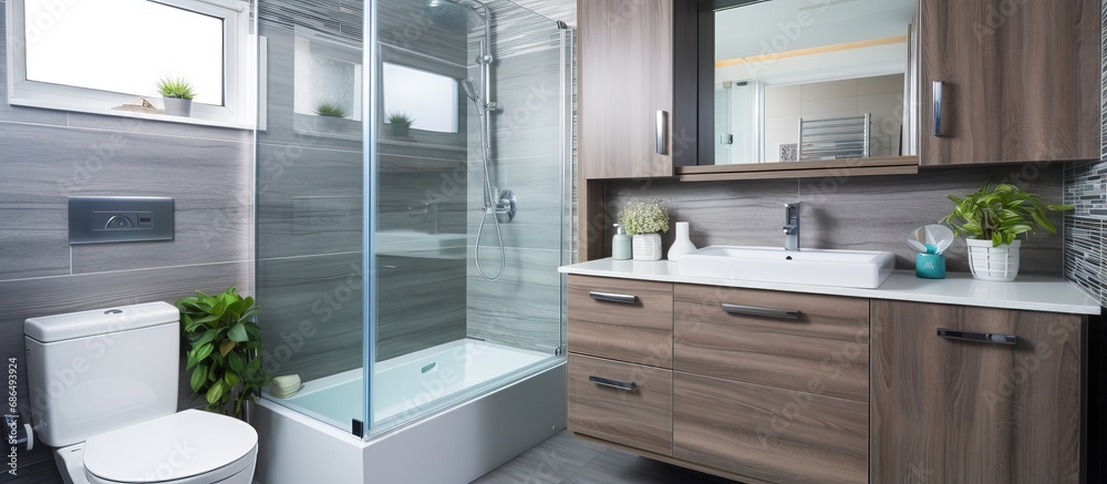 Stylish bathroom with glass shower cabin toilet and wooden cabinet with sink on wall Stylish bathroom with glass shower cabin toilet and wooden cabinet with sink on wall
