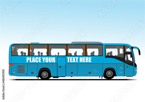 Blue tourist bus. Coach. Vector 3d color hand drawn illustration