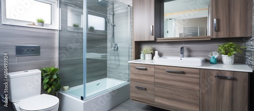 Stylish bathroom with glass shower cabin toilet and wooden cabinet with sink on wall