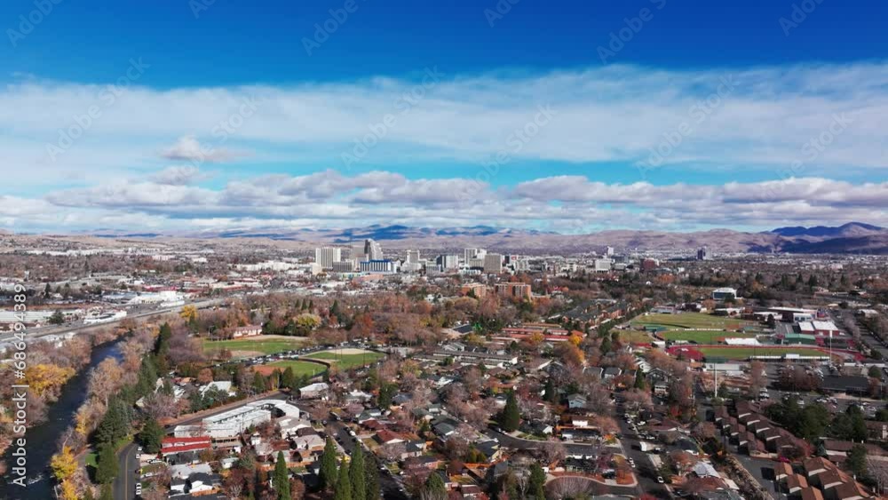 Drone shot pulling back of downtown Reno, Nevada Drone shot pulling back of downtown Reno, Nevada