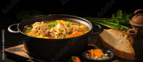 Brazilian dish called Caldo de Quenga, made with cassava broth, shredded chicken, and served with bread, in a rustic black pot.