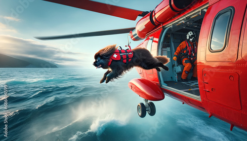 Newfoundland dog jumping out of a helicopter into the ocean to the rescue .These dogs excel at water lifesaving because of their muscular build, thick double coat, webbed paws, and swimming abilities
