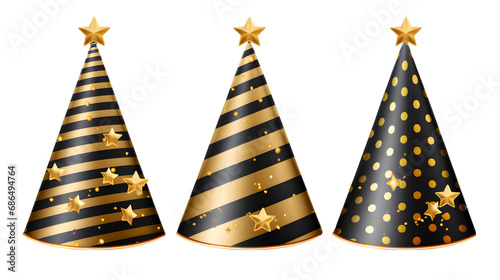Party hats with gold and black stripes, dots and stars for birthday celebration. Vector realistic set of funny cone head caps with golden ribbons for holidays and festive. generative ai.