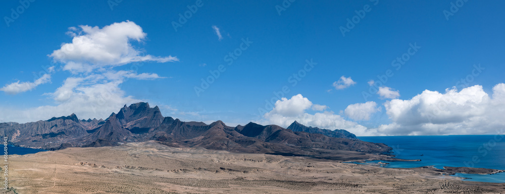 Tpanorama of the Canary Islands mountain ranges blue sky blue sea