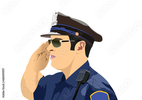 Policeman with walkie-talkie radio. Vector 3d hand drawn illustration